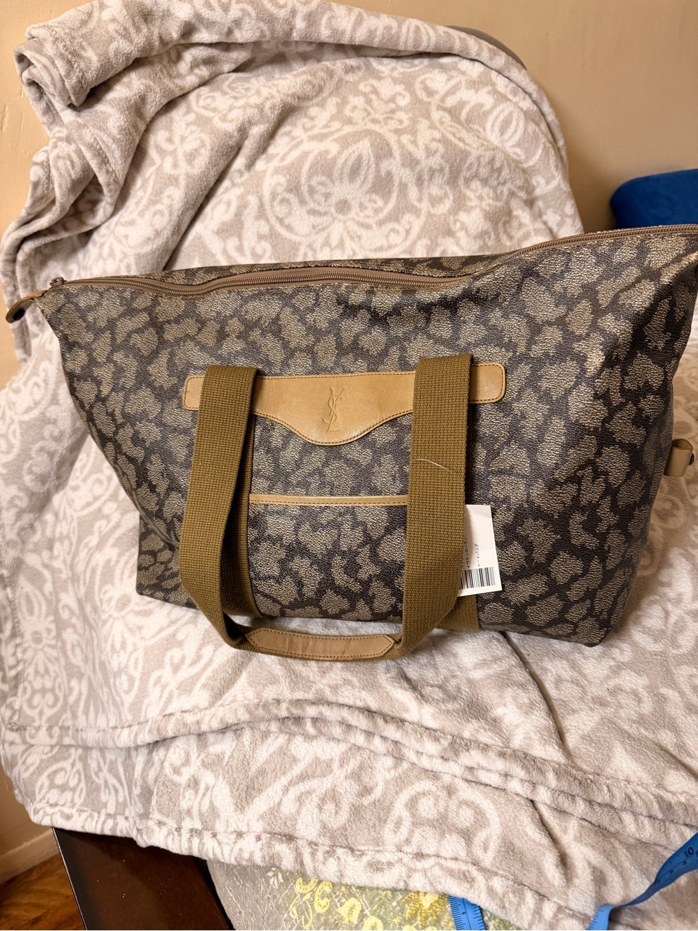 YSL Brown/Tan Logo Duffle Bag Large Zip Closure Silver Hardware | with COA